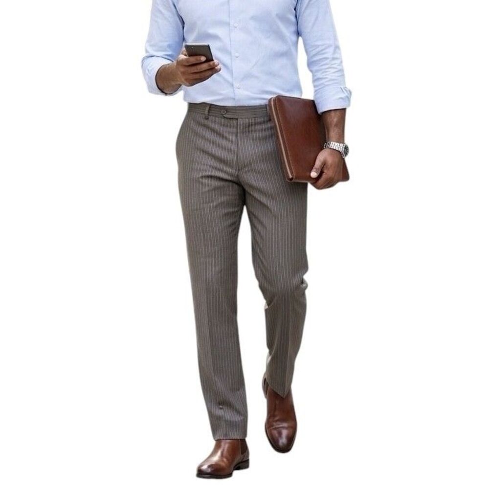 BCBG Attitude Dress Pants Men's 35 x 31 Brown Wool Pinstripe Flat Front Office